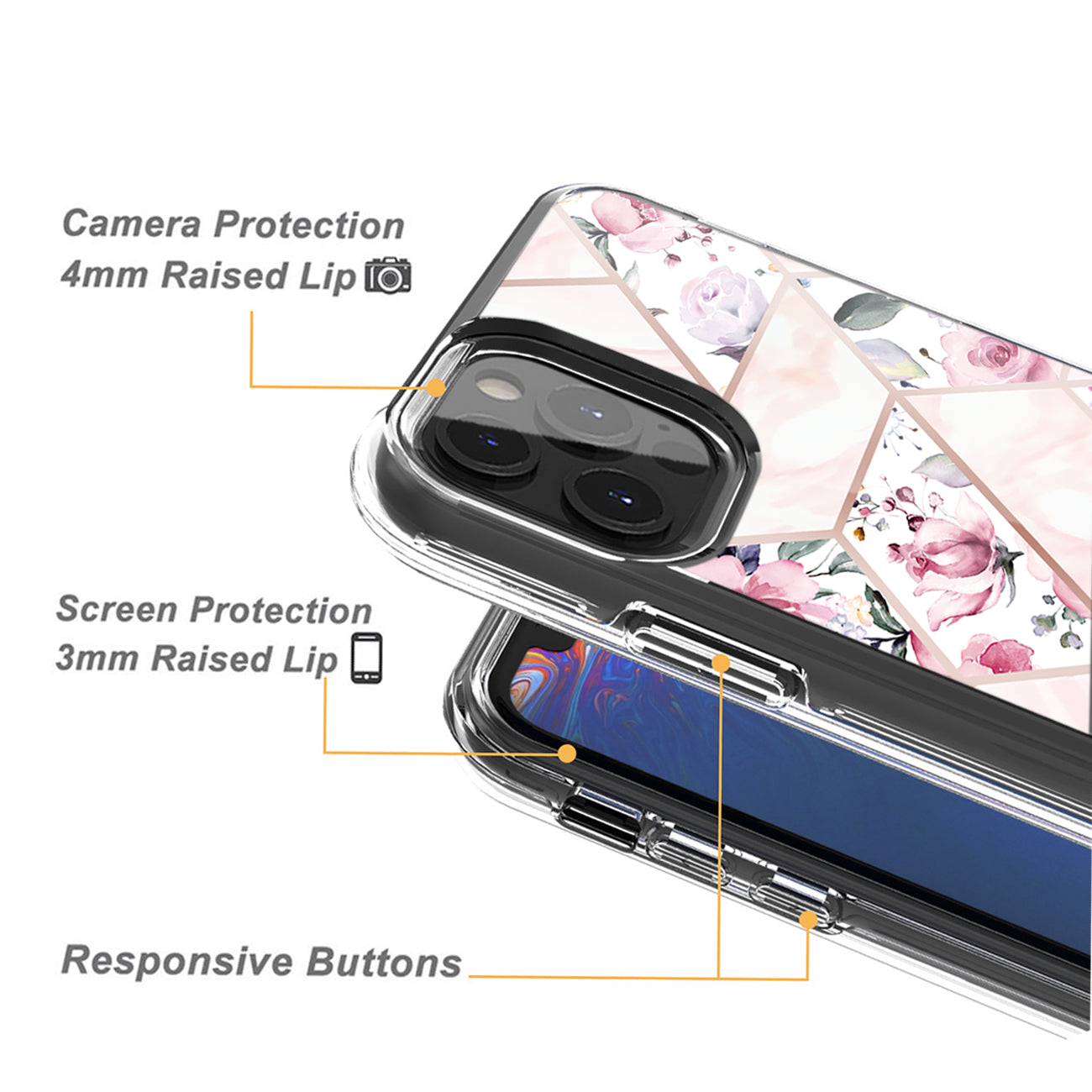 Flower Design Dual Layer Hybrid Hard & Soft TPU Case for IPH 12/IPH 12 PRO In Pink Base Flower