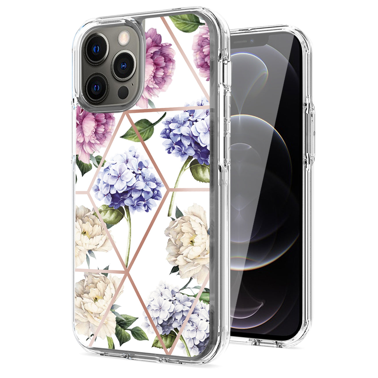 Flower Design Dual Layer Hybrid Hard & Soft TPU Case for IPH12/IPH12 PRO In Light Purple Base Flower