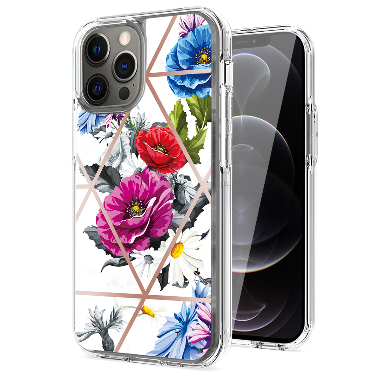 Flower Design Dual Layer Hybrid Hard & Soft TPU Case for IPH 12/IPH 12 PRO In Blue Base flower