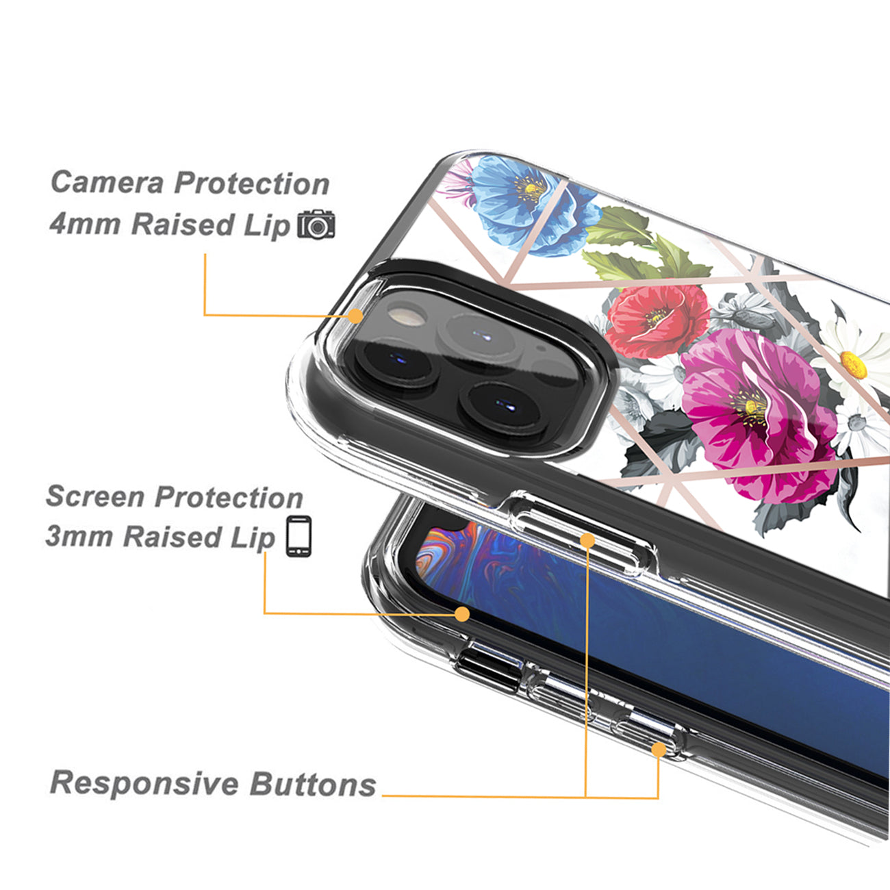 Flower Design Dual Layer Hybrid Hard & Soft TPU Case for IPH 12/IPH 12 PRO In Blue Base flower