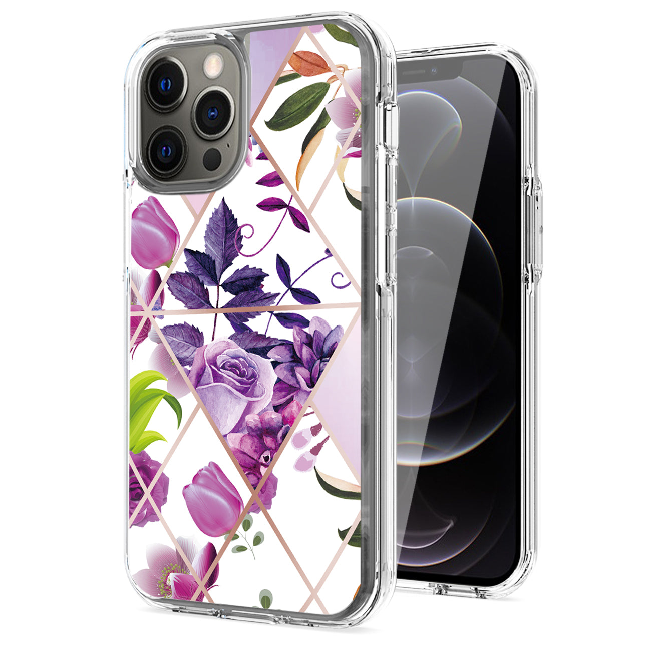 Flower Design Dual Layer Hybrid Hard & Soft TPU Case for IPH 12/IPH 12 PRO In Purple Base Flower