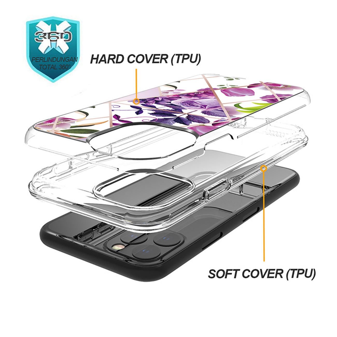 Flower Design Dual Layer Hybrid Hard & Soft TPU Case for IPH 12/IPH 12 PRO In Purple Base Flower
