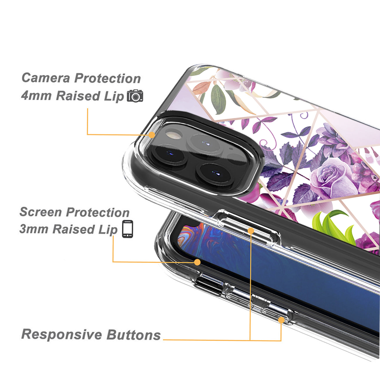 Flower Design Dual Layer Hybrid Hard & Soft TPU Case for IPH 12/IPH 12 PRO In Purple Base Flower