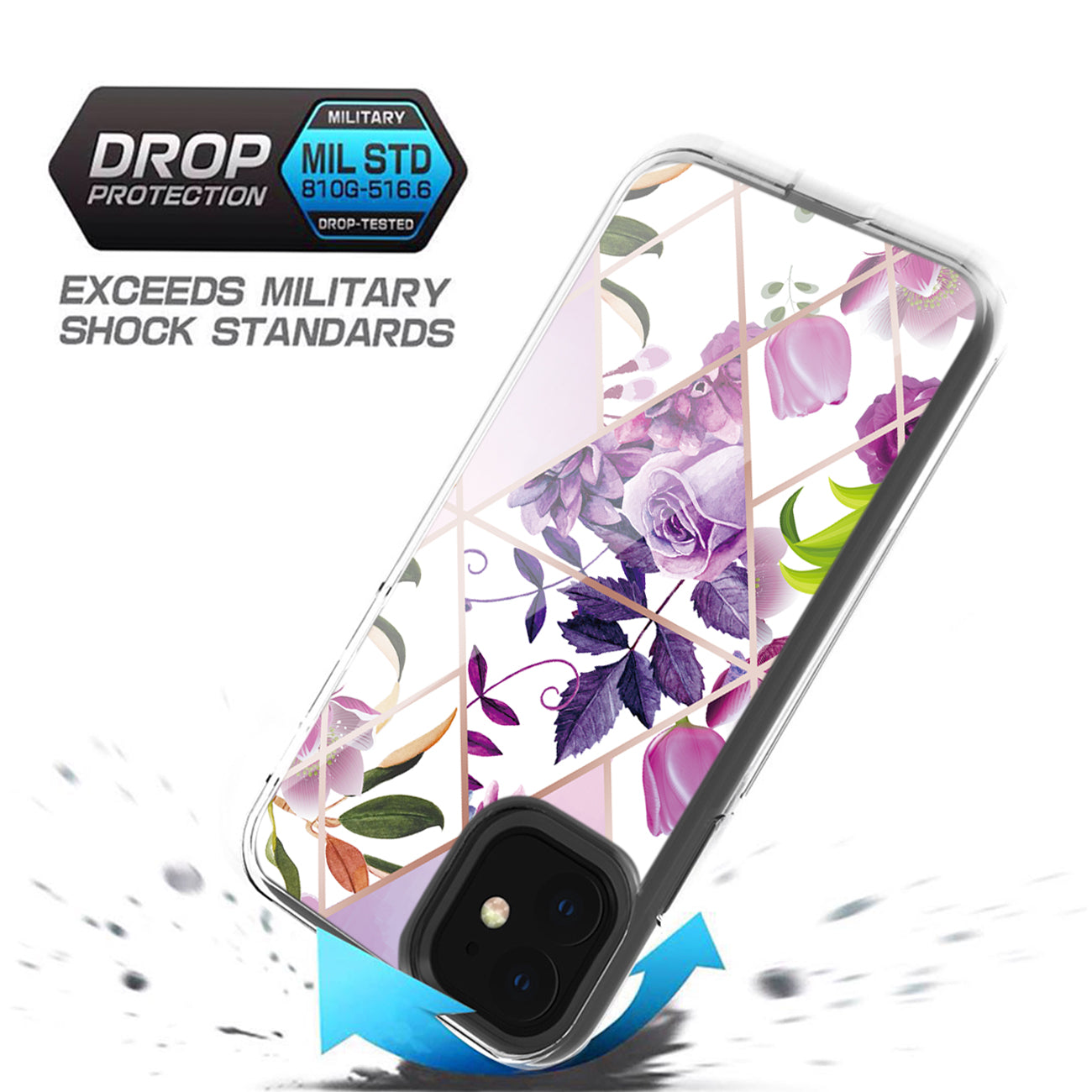 Flower Design Dual Layer Hybrid Hard & Soft TPU Case for IPH 12/IPH 12 PRO In Purple Base Flower