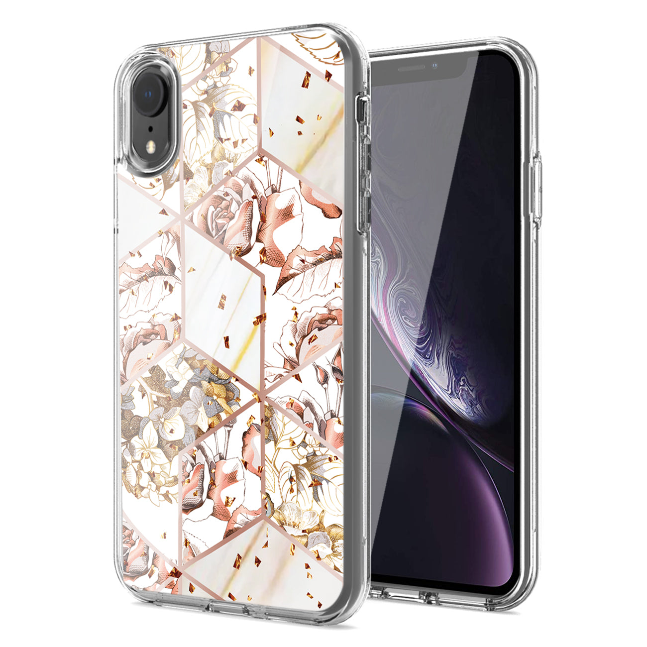 Flower Design Dual Layer Hybrid Hard & Soft TPU Rubber Case for IPH XR In White Base Flower