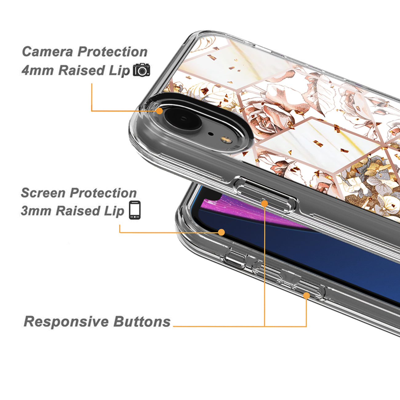 Flower Design Dual Layer Hybrid Hard & Soft TPU Rubber Case for IPH XR In White Base Flower