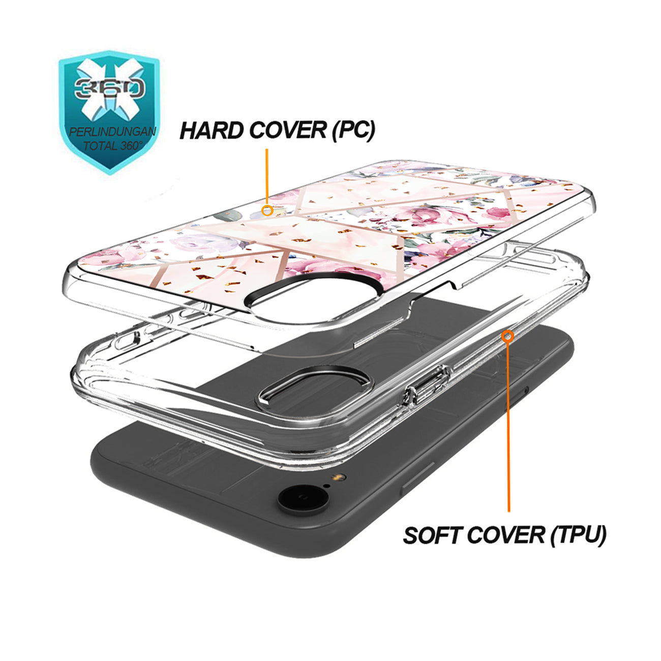 Flower Design Dual Layer Hybrid Hard & Soft TPU Rubber Case for IPH XR In Pink Base Flower
