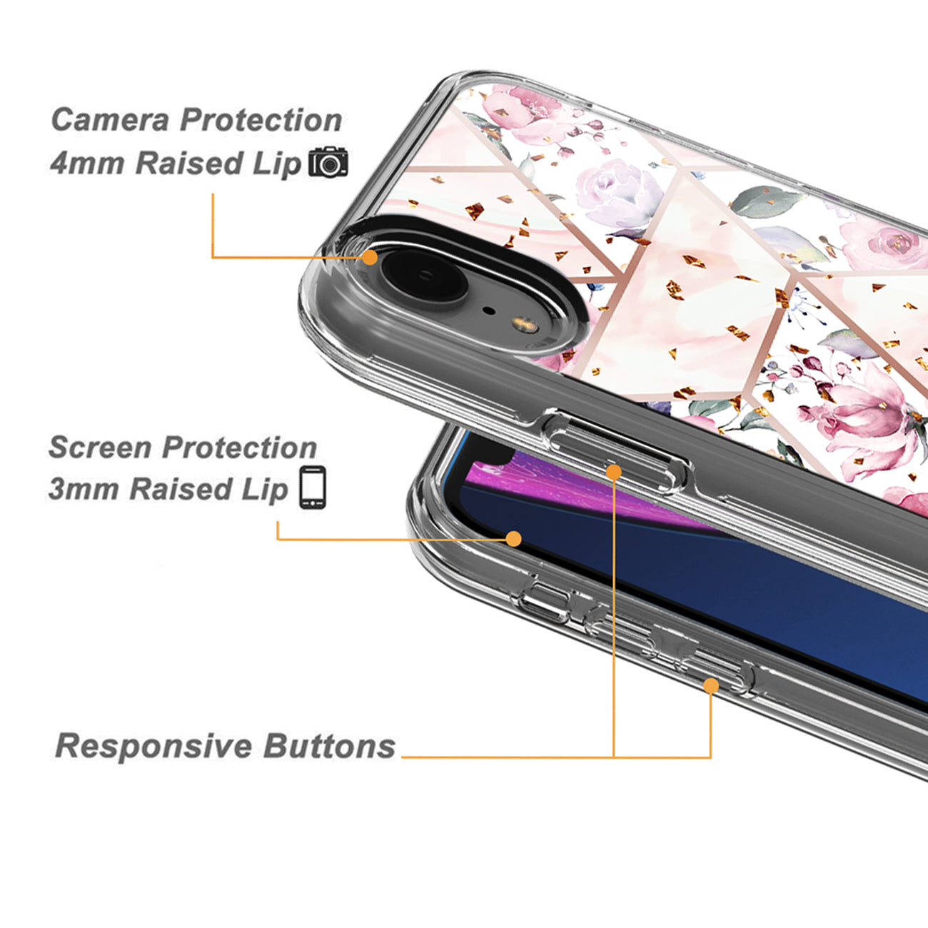 Flower Design Dual Layer Hybrid Hard & Soft TPU Rubber Case for IPH XR In Pink Base Flower