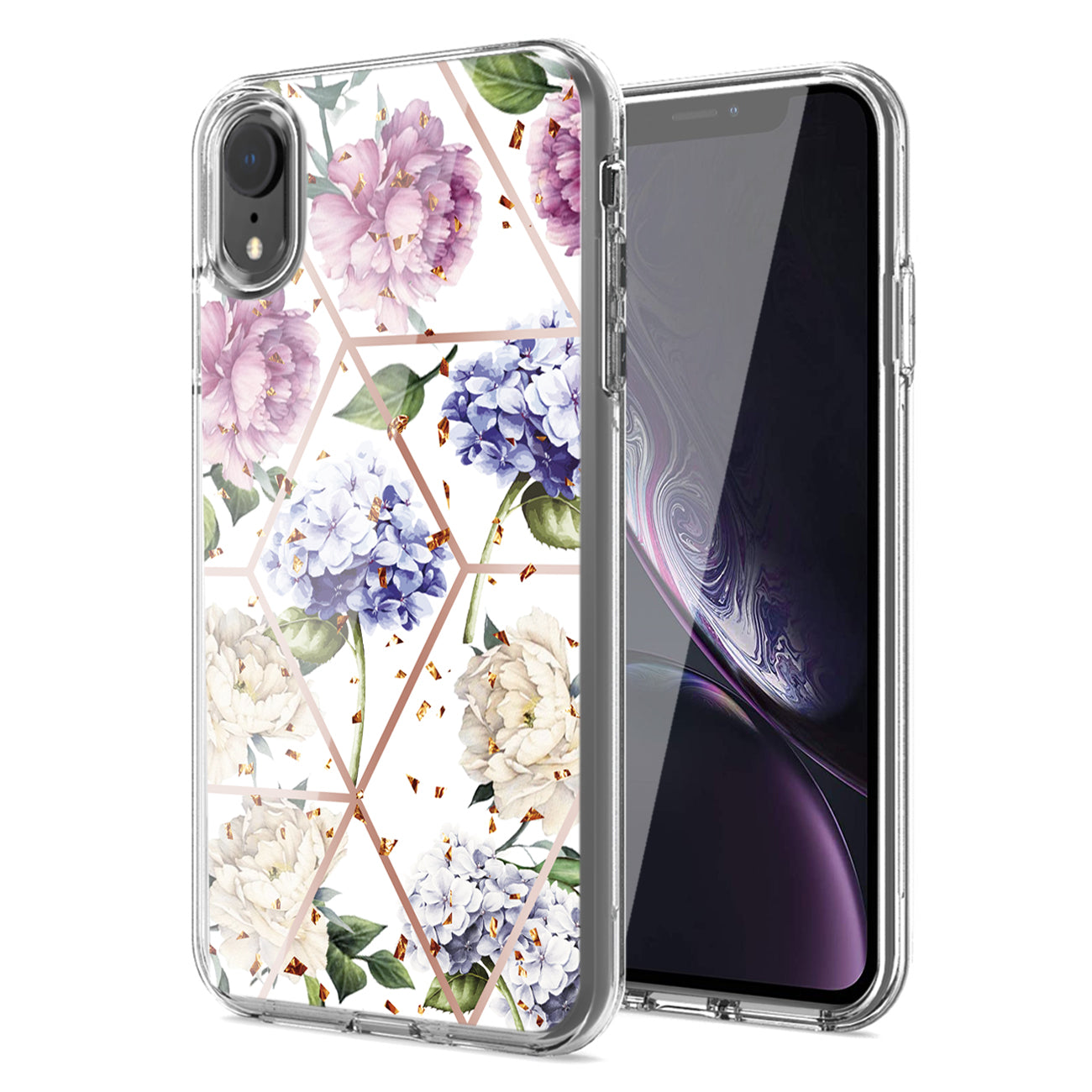Flower Design Dual Layer Hybrid Hard & Soft TPU Rubber Case for IPH XR In Light Purple Base Flower