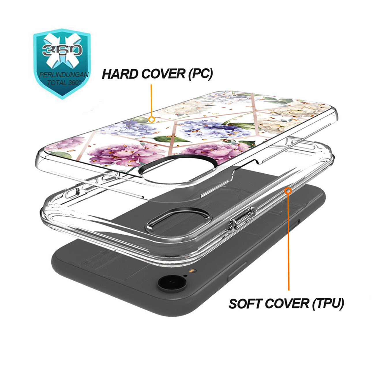 Flower Design Dual Layer Hybrid Hard & Soft TPU Rubber Case for IPH XR In Light Purple Base Flower