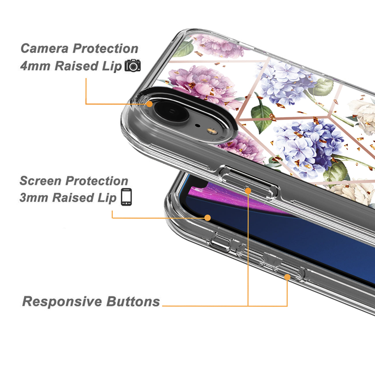 Flower Design Dual Layer Hybrid Hard & Soft TPU Rubber Case for IPH XR In Light Purple Base Flower