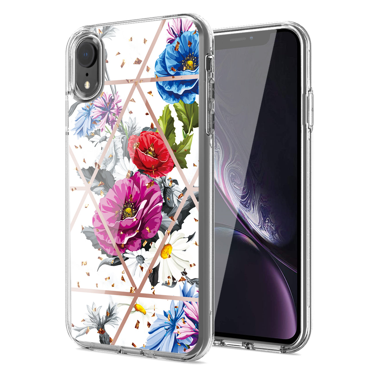Flower Design Dual Layer Hybrid Hard & Soft TPU Rubber Case for IPH XR In Blue Base flower