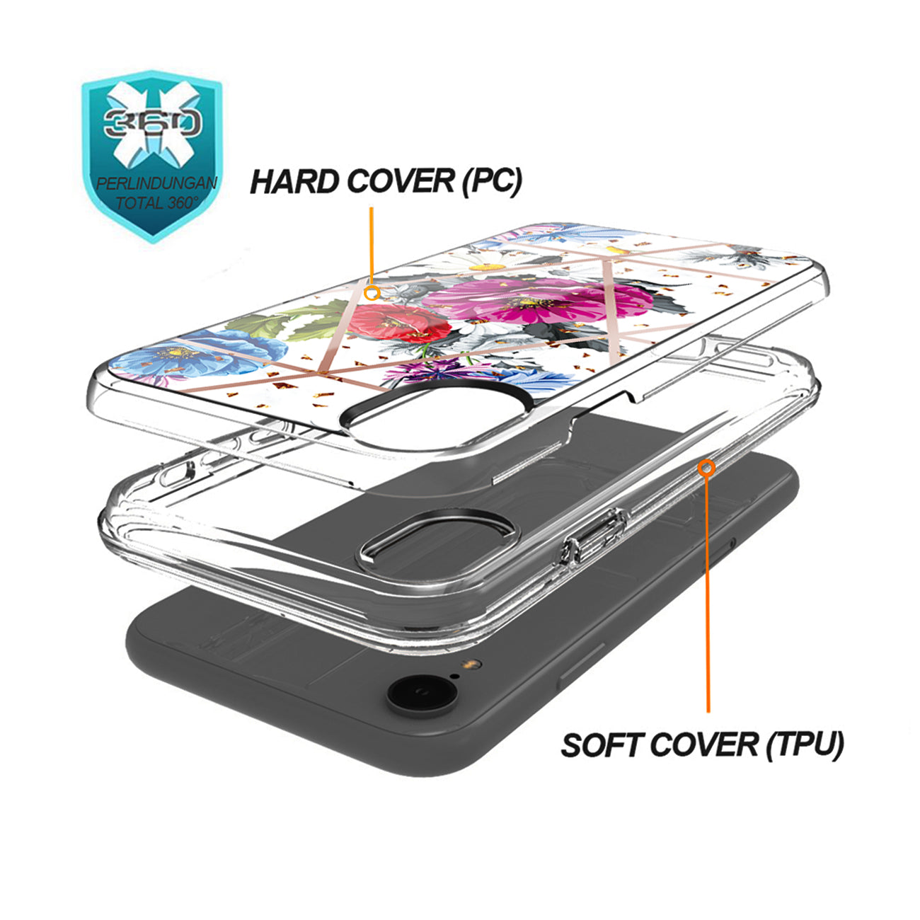 Flower Design Dual Layer Hybrid Hard & Soft TPU Rubber Case for IPH XR In Blue Base flower