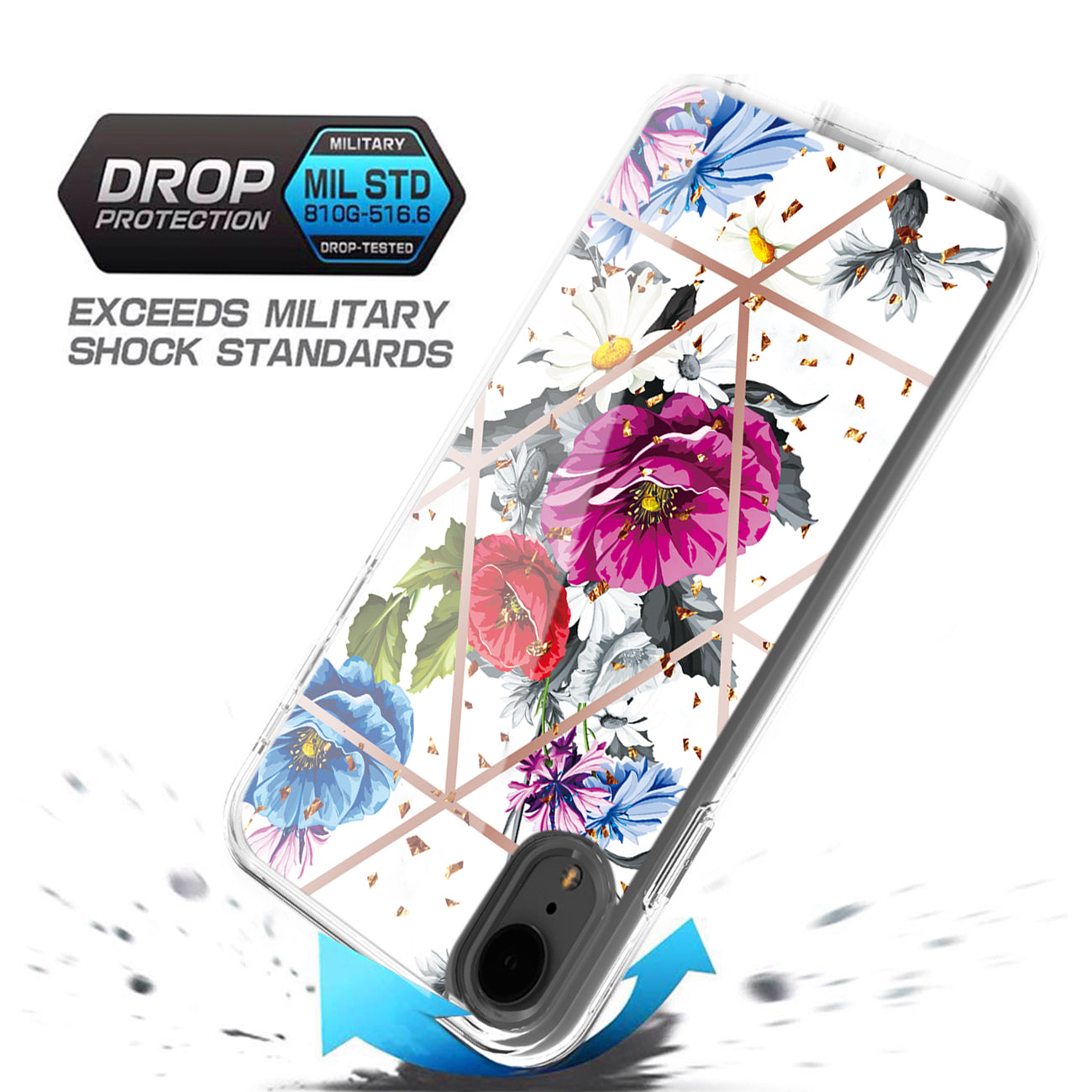 Flower Design Dual Layer Hybrid Hard & Soft TPU Rubber Case for IPH XR In Blue Base flower