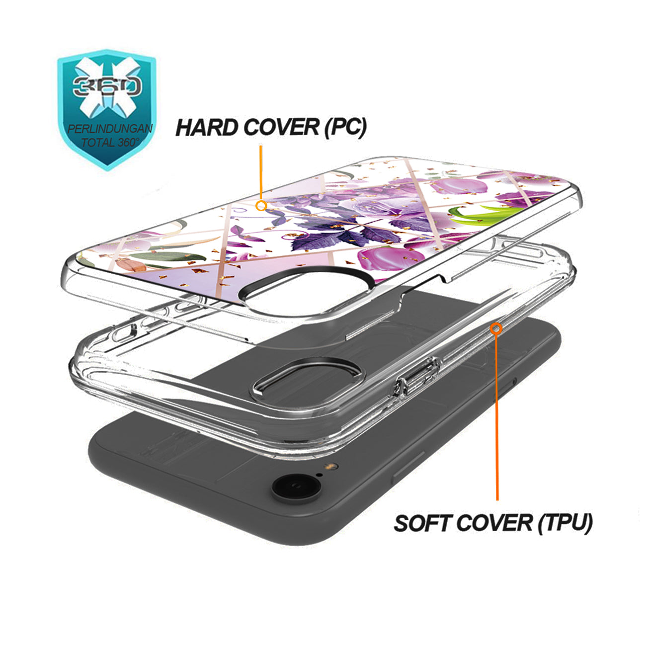 Flower Design Dual Layer Hybrid Hard & Soft TPU Rubber Case for IPH XR In Purple Base Flower