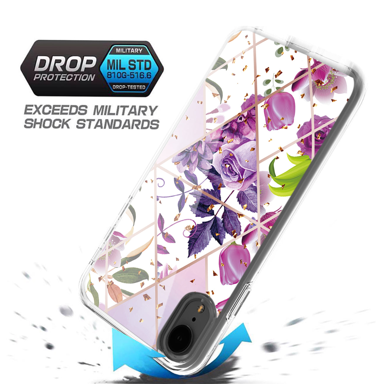 Flower Design Dual Layer Hybrid Hard & Soft TPU Rubber Case for IPH XR In Purple Base Flower