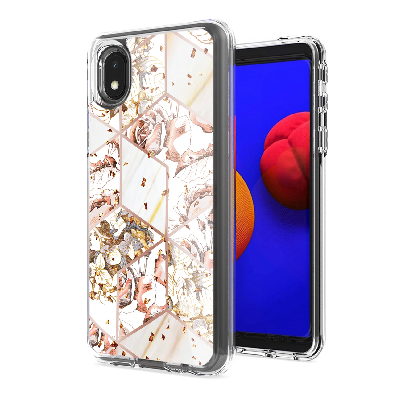 Flower Design Dual Layer Hybrid Hard & Soft TPU Case for SAMS GALAXY A01 CORE In White Base Flower