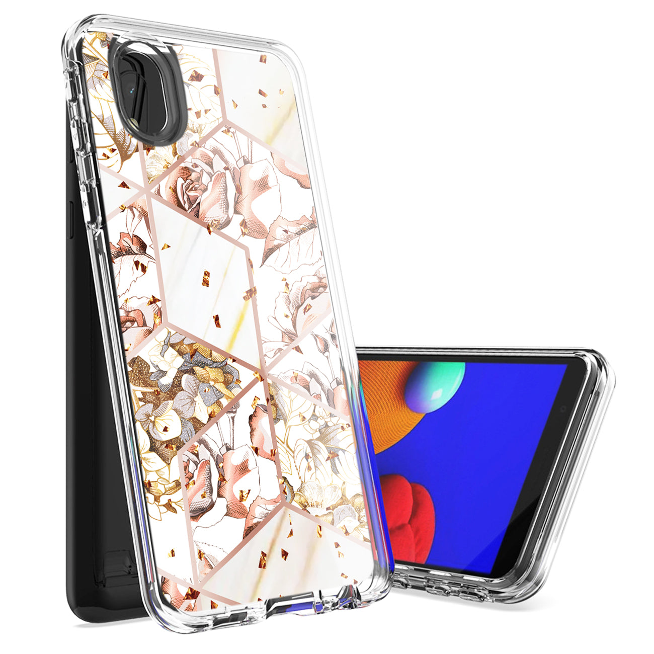 Flower Design Dual Layer Hybrid Hard & Soft TPU Case for SAMS GALAXY A01 CORE In White Base Flower