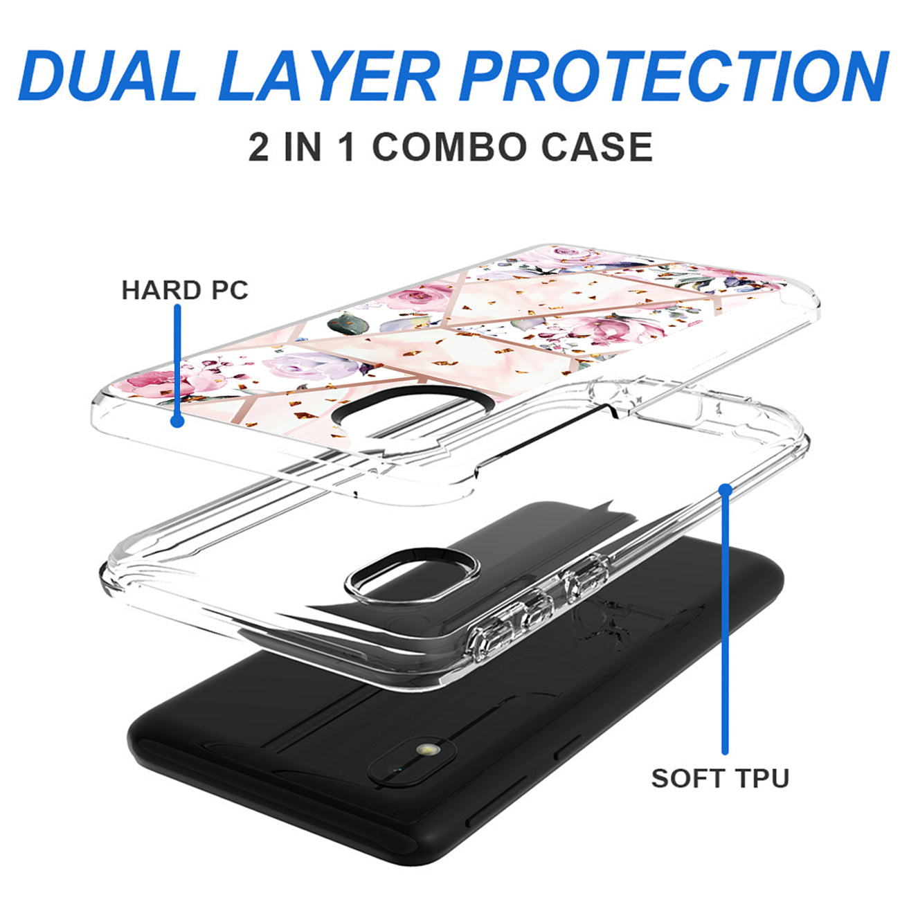 Flower Design Dual Layer Hybrid Hard & Soft TPU Case for SAMS GALAXY A01 CORE In Pink Base Flower