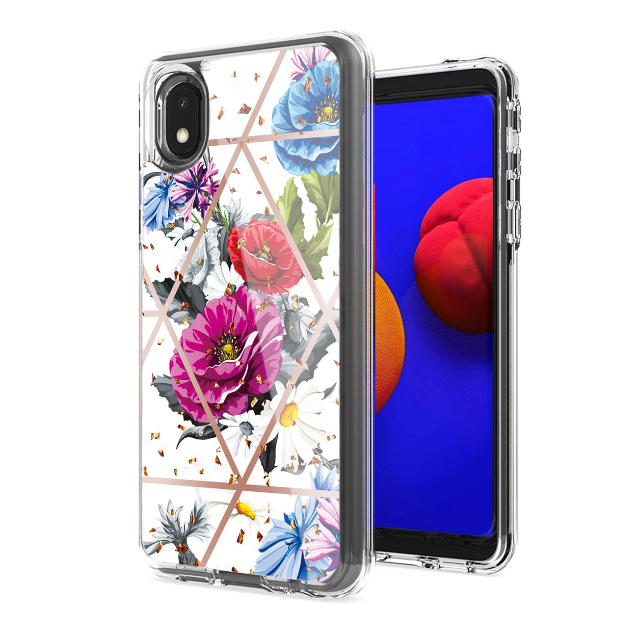 Flower Design Dual Layer Hybrid Hard & Soft TPU Case for SAMS GALAXY A01 CORE In Blue Base flower