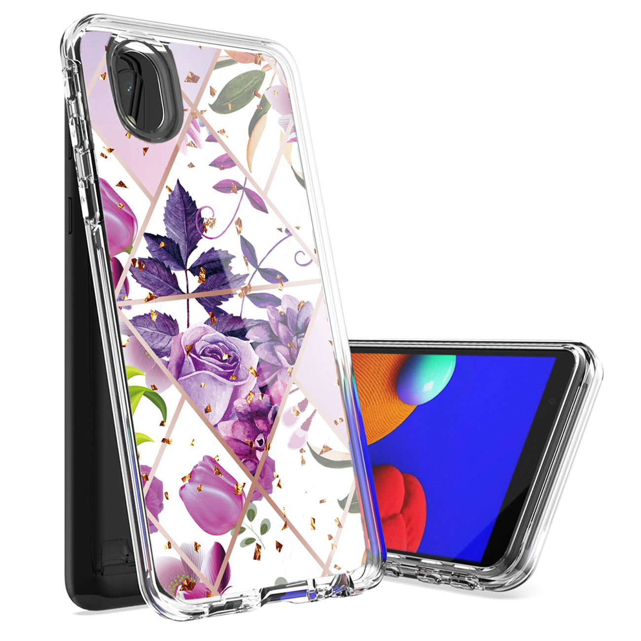 Flower Design Dual Layer Hybrid Hard & Soft TPU Case for SAMS GALAXY A01 CORE In Purple Base Flower