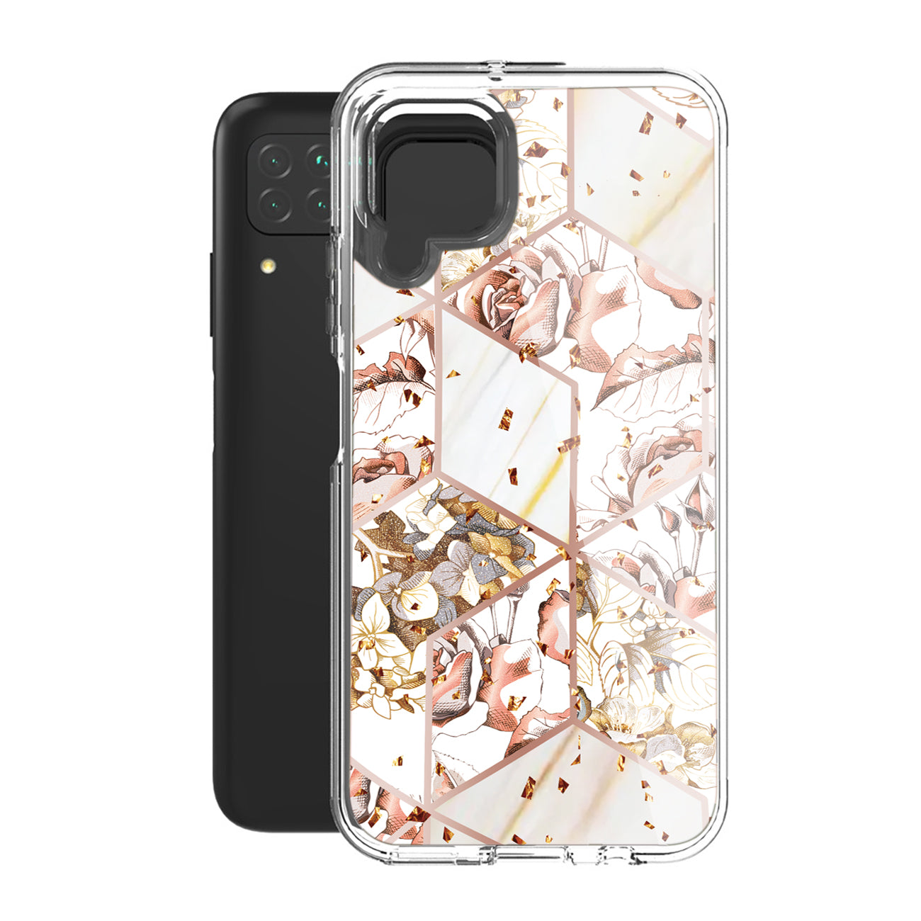 Flower Design Dual Layer Hybrid Hard & Soft TPU Case for SAMS GALAXY A12 5G In White Base Flower