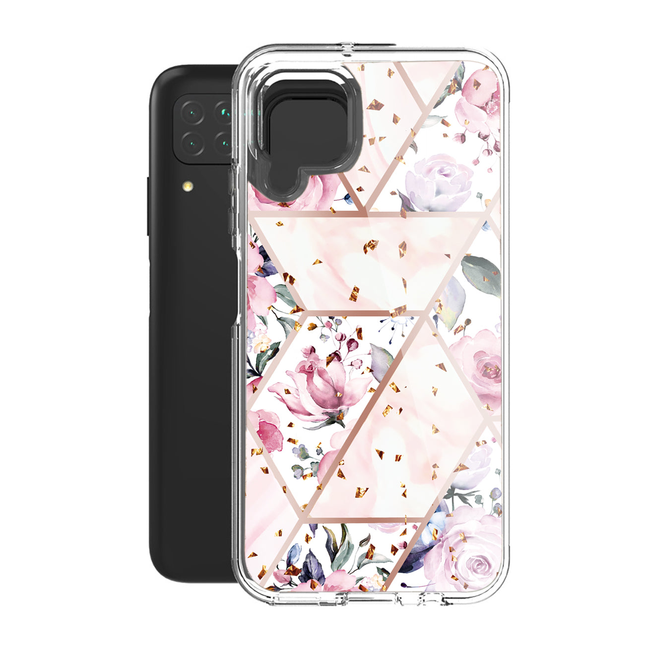 Flower Design Dual Layer Hybrid Hard & Soft TPU Case for SAMS GALAXY A12 5G In Pink Base Flower