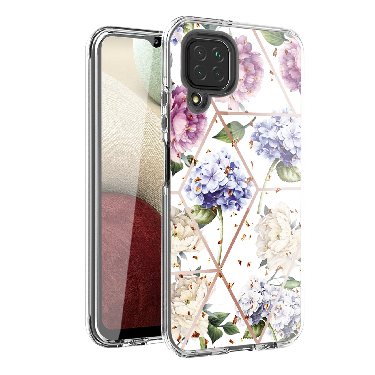 Flower Design Dual Layer Hard & Soft TPU Case for SAMS GALAXY A12 5G In Light Purple Base Flower