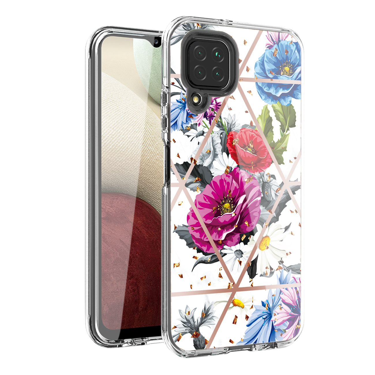 Flower Design Dual Layer Hybrid Hard & Soft TPU Case for SAMS GALAXY A12 5G In Blue Base flower