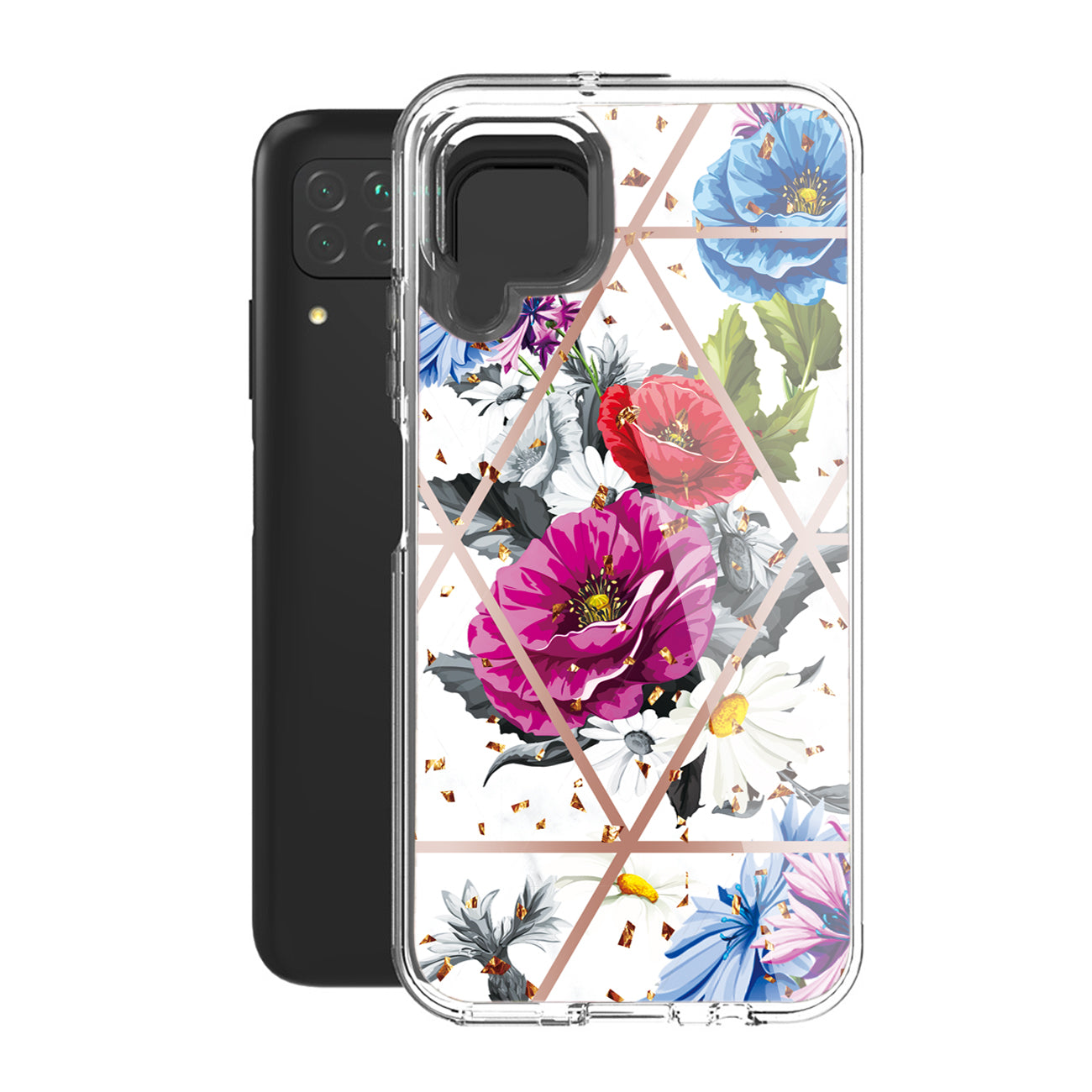 Flower Design Dual Layer Hybrid Hard & Soft TPU Case for SAMS GALAXY A12 5G In Blue Base flower