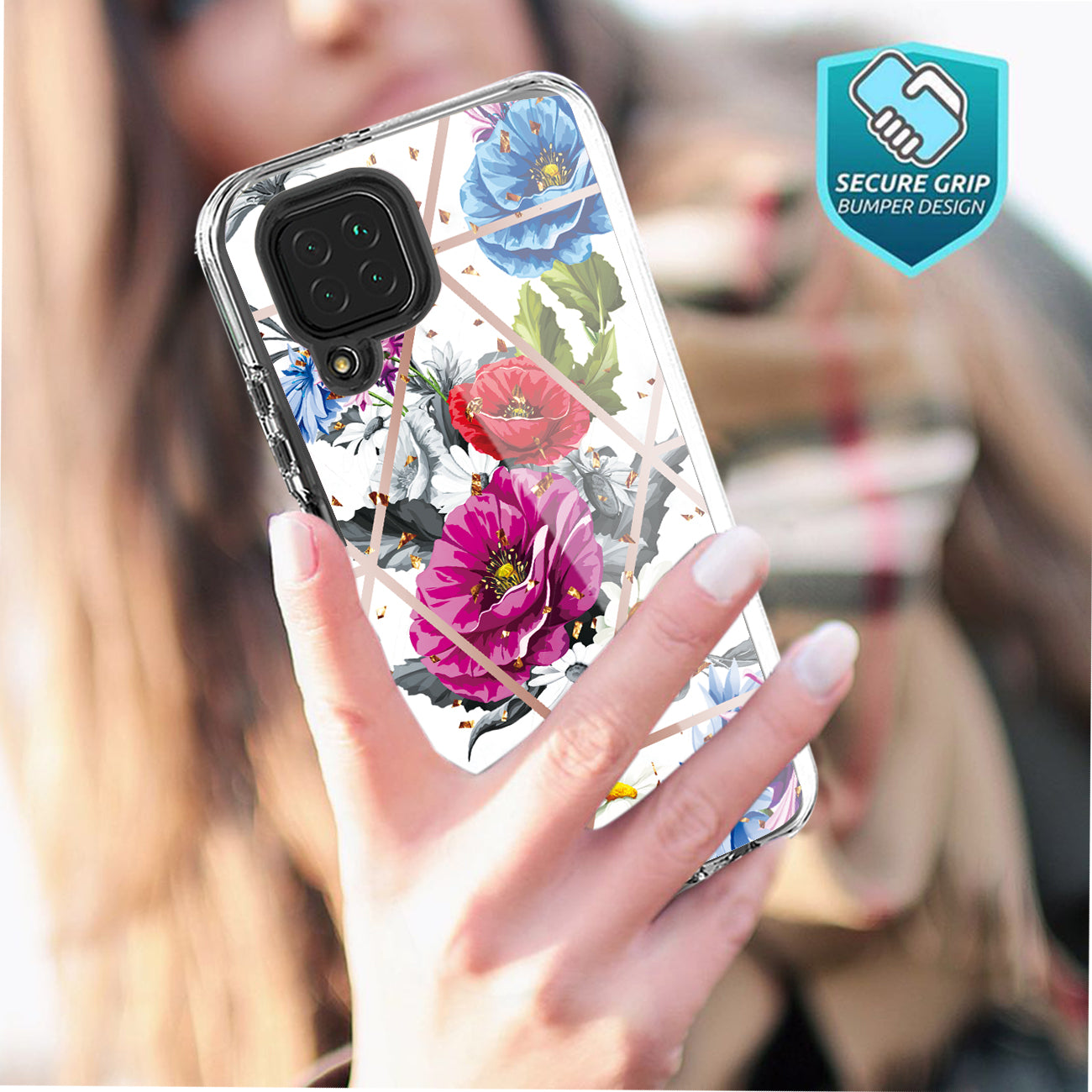 Flower Design Dual Layer Hybrid Hard & Soft TPU Case for SAMS GALAXY A12 5G In Blue Base flower