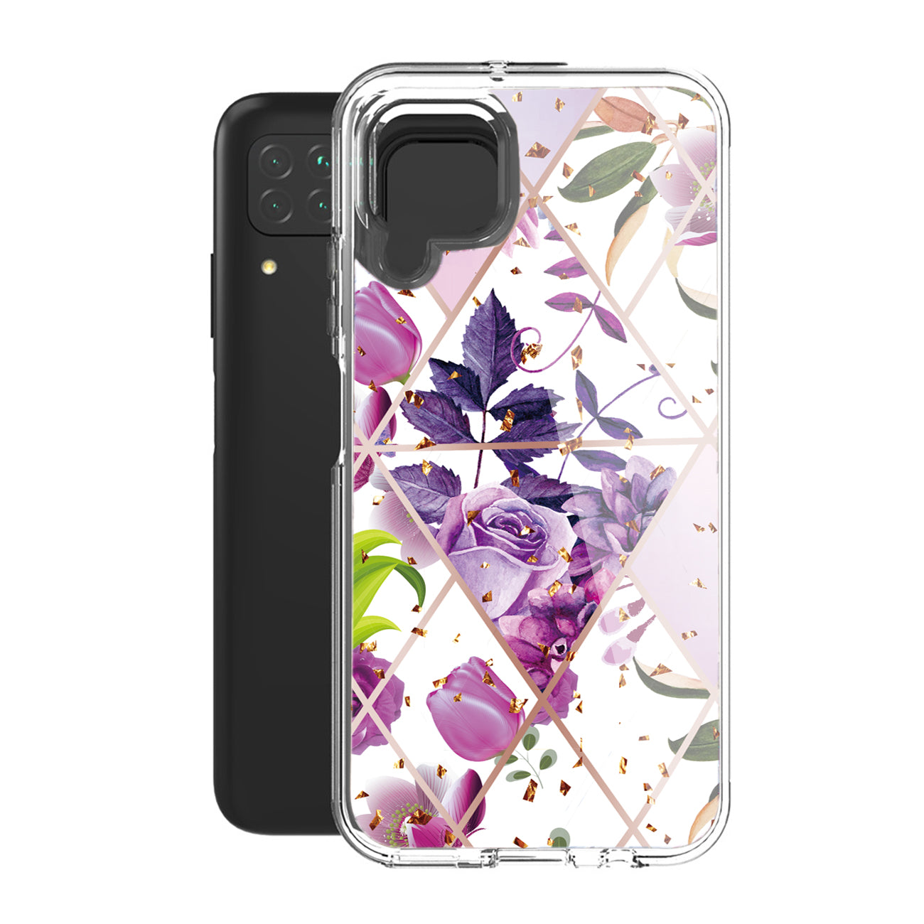 Flower Design Dual Layer Hybrid Hard & Soft TPU Case for SAMS GALAXY A12 5G In Purple Base Flower