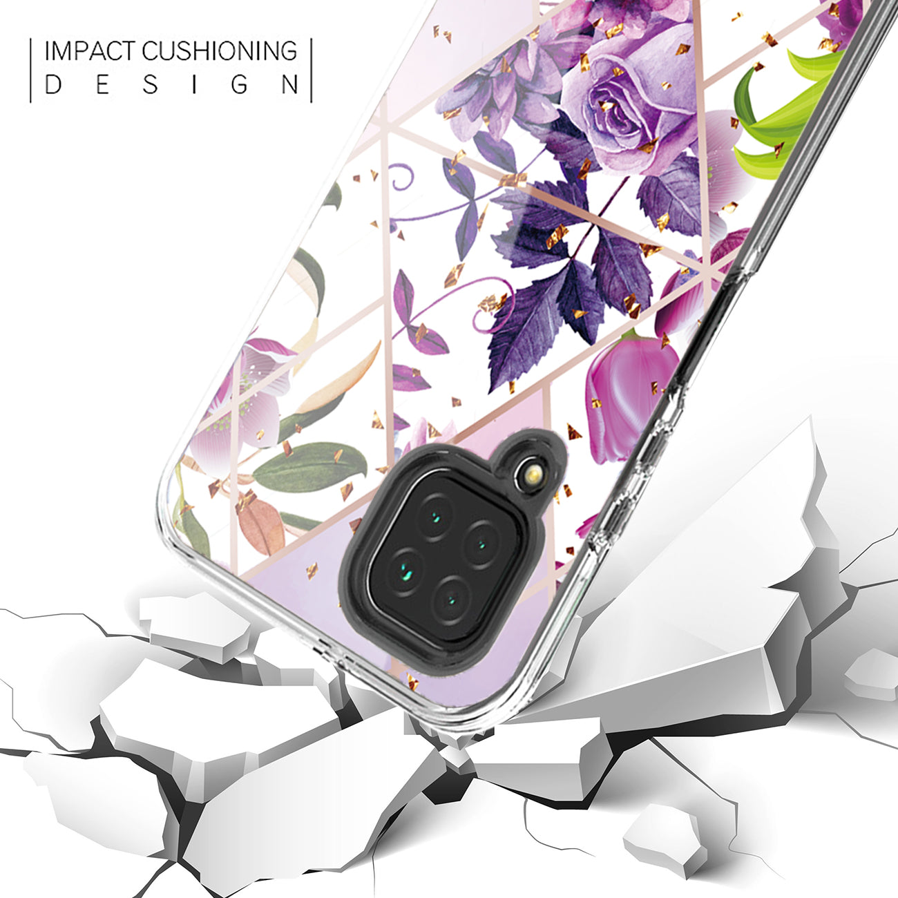 Flower Design Dual Layer Hybrid Hard & Soft TPU Case for SAMS GALAXY A12 5G In Purple Base Flower