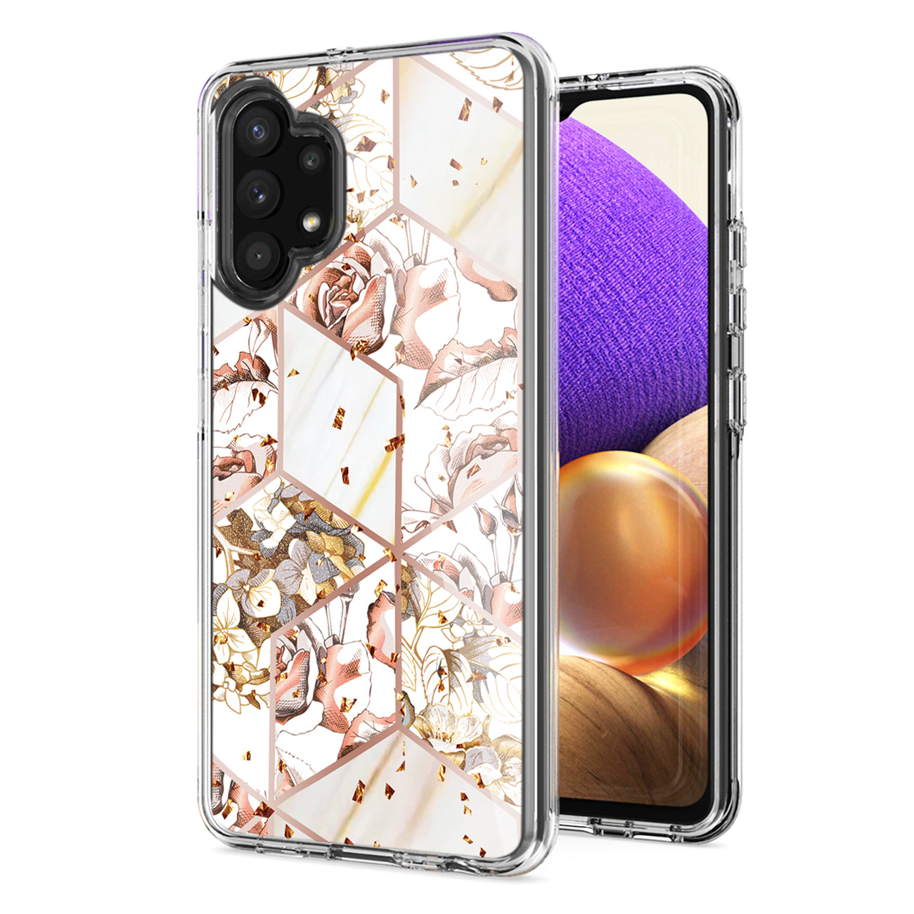 Flower Design Dual Layer Hybrid Hard & Soft TPU Case for SAMS GALAXY A32 5G In White Base Flower