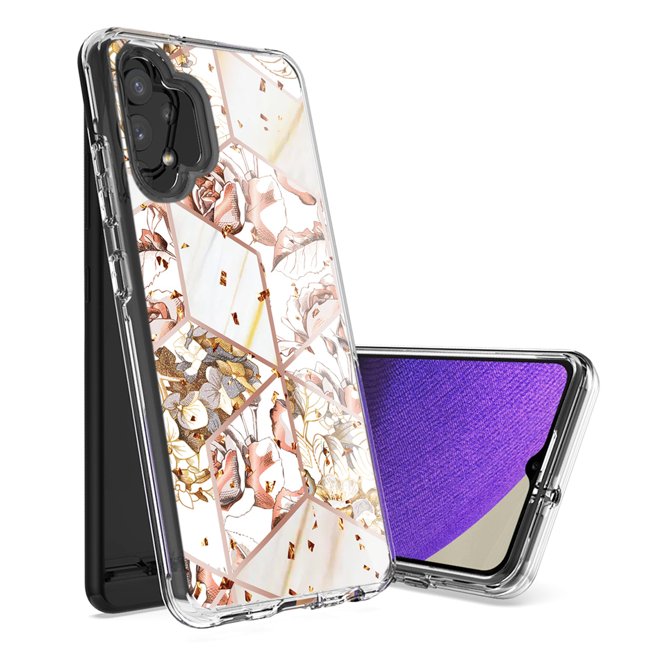 Flower Design Dual Layer Hybrid Hard & Soft TPU Case for SAMS GALAXY A32 5G In White Base Flower