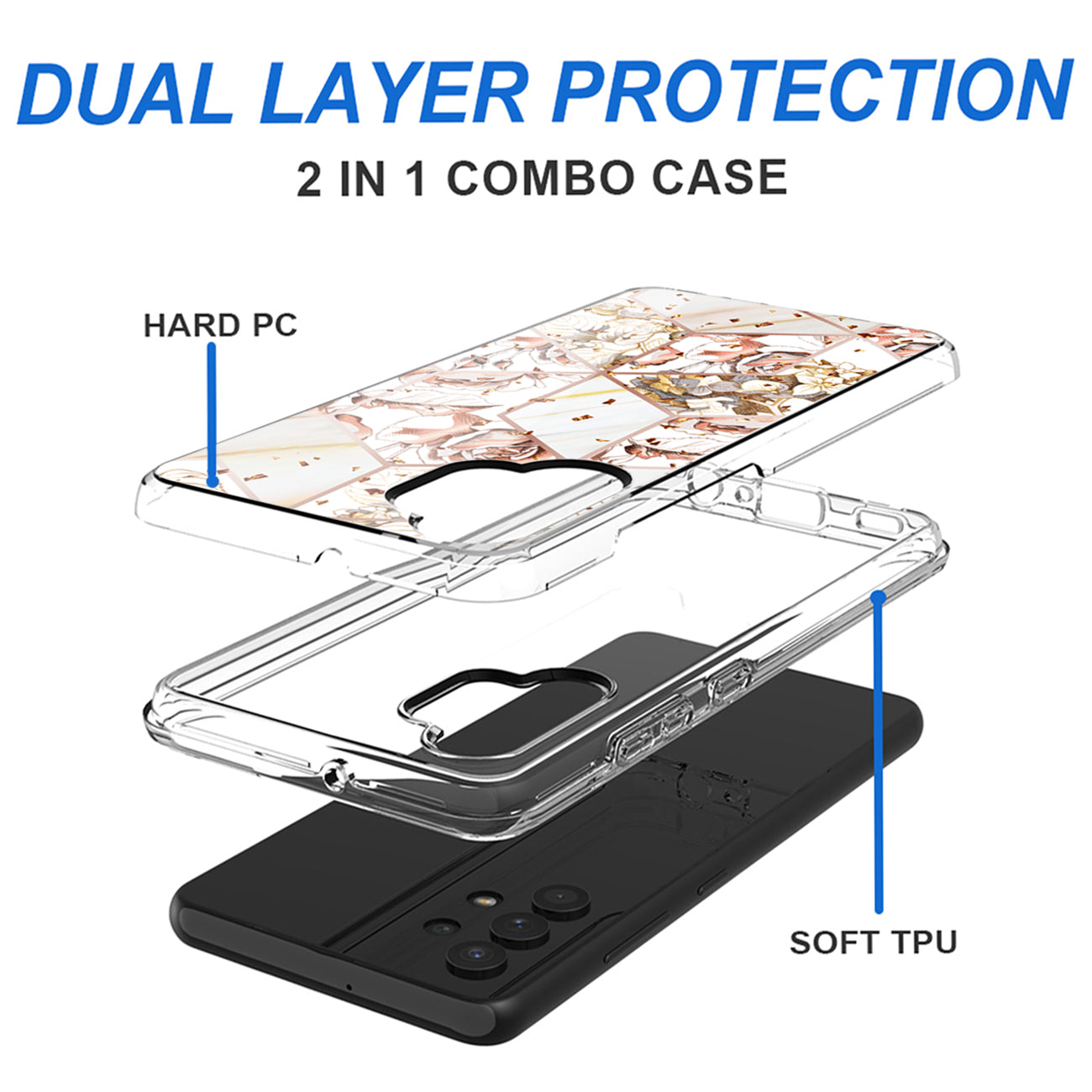 Flower Design Dual Layer Hybrid Hard & Soft TPU Case for SAMS GALAXY A32 5G In White Base Flower