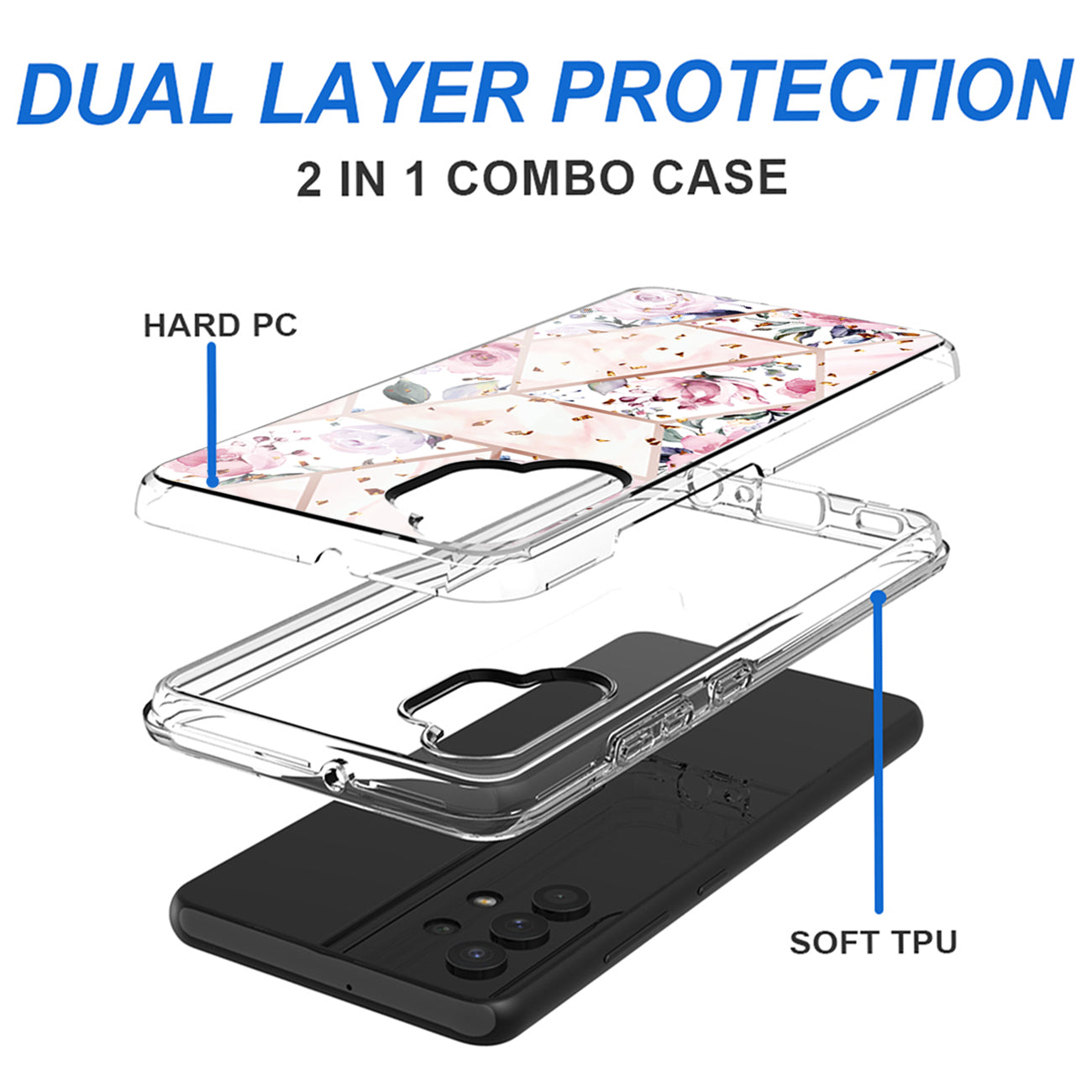 Flower Design Dual Layer Hybrid Hard & Soft TPU Case for SAMS GALAXY A32 5G In Pink Base Flower
