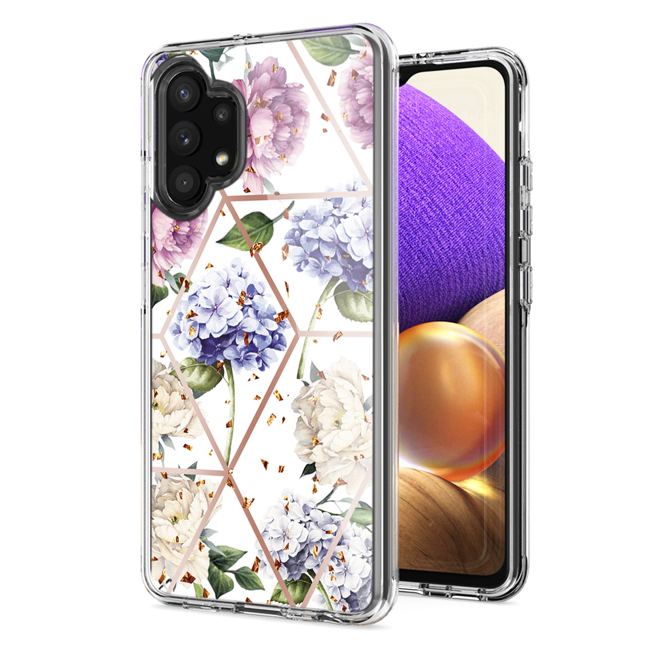 Flower Design Dual Layer Hard & Soft TPU Case for SAMS GALAXY A32 5G In Light Purple Base Flower