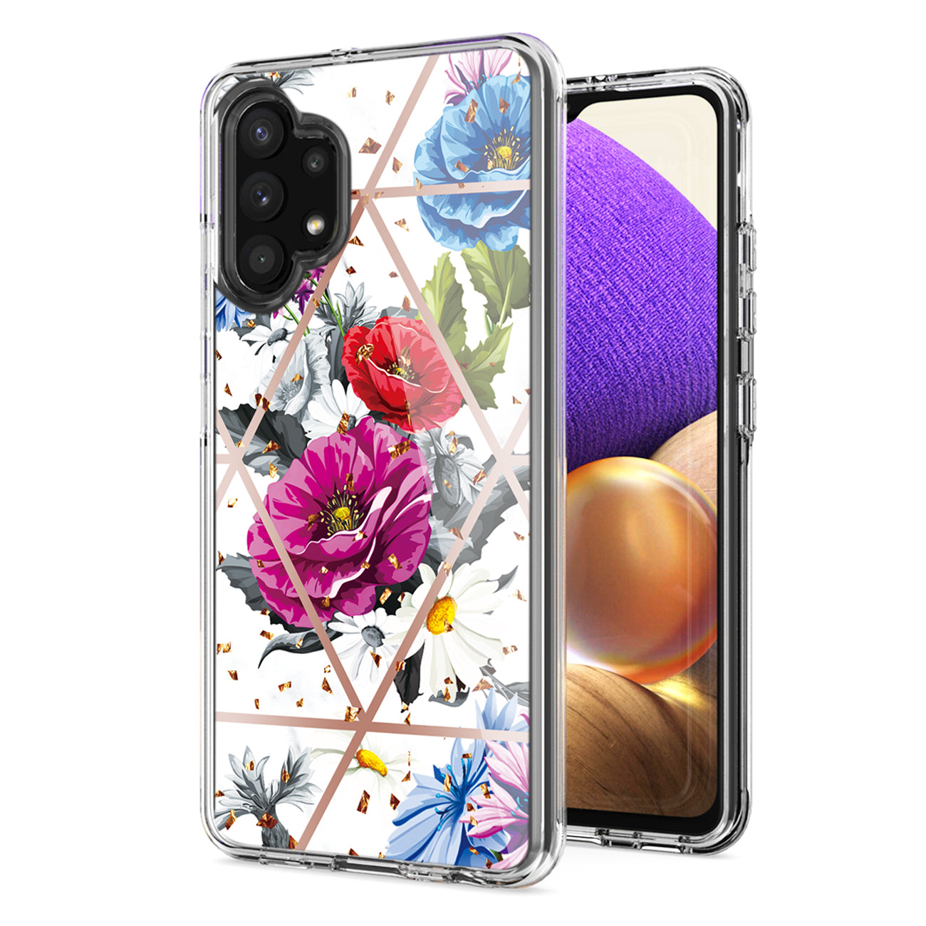 Flower Design Dual Layer Hybrid Hard & Soft TPU Case for SAMS GALAXY A32 5G In Blue Base flower