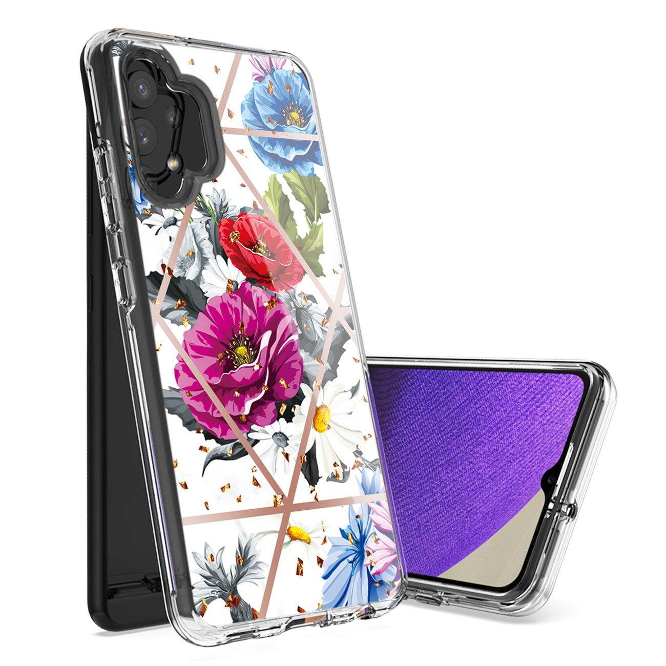 Flower Design Dual Layer Hybrid Hard & Soft TPU Case for SAMS GALAXY A32 5G In Blue Base flower