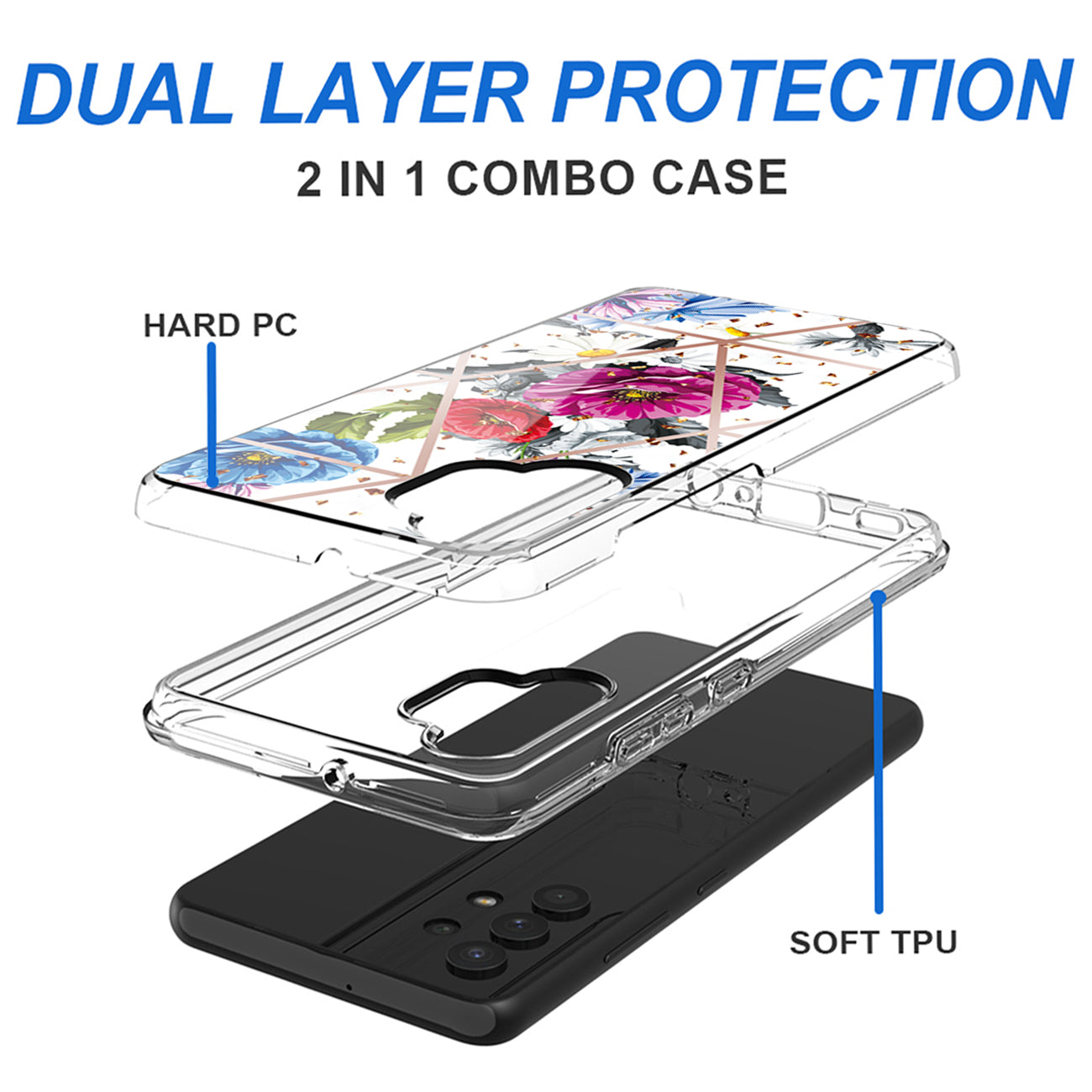 Flower Design Dual Layer Hybrid Hard & Soft TPU Case for SAMS GALAXY A32 5G In Blue Base flower