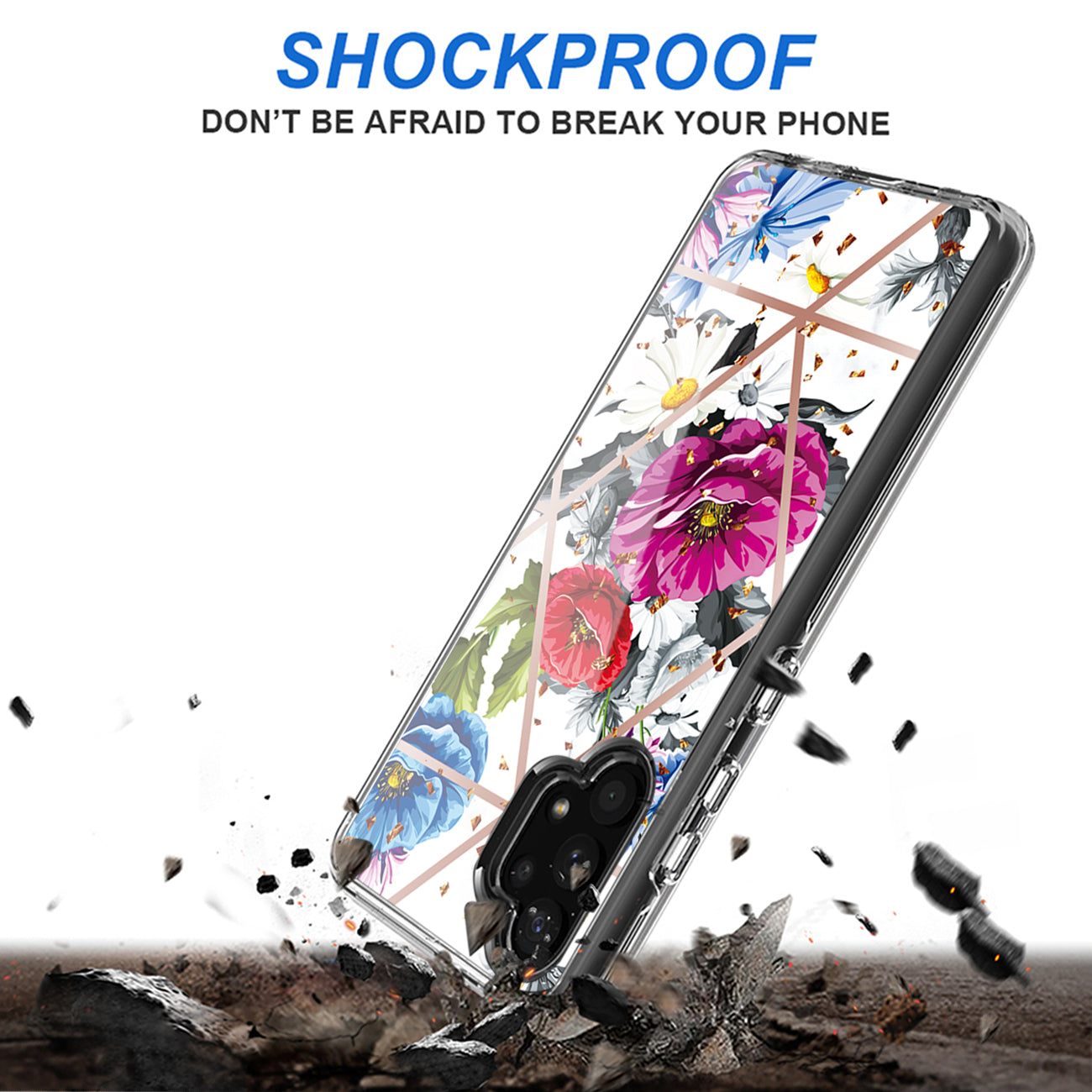 Flower Design Dual Layer Hybrid Hard & Soft TPU Case for SAMS GALAXY A32 5G In Blue Base flower