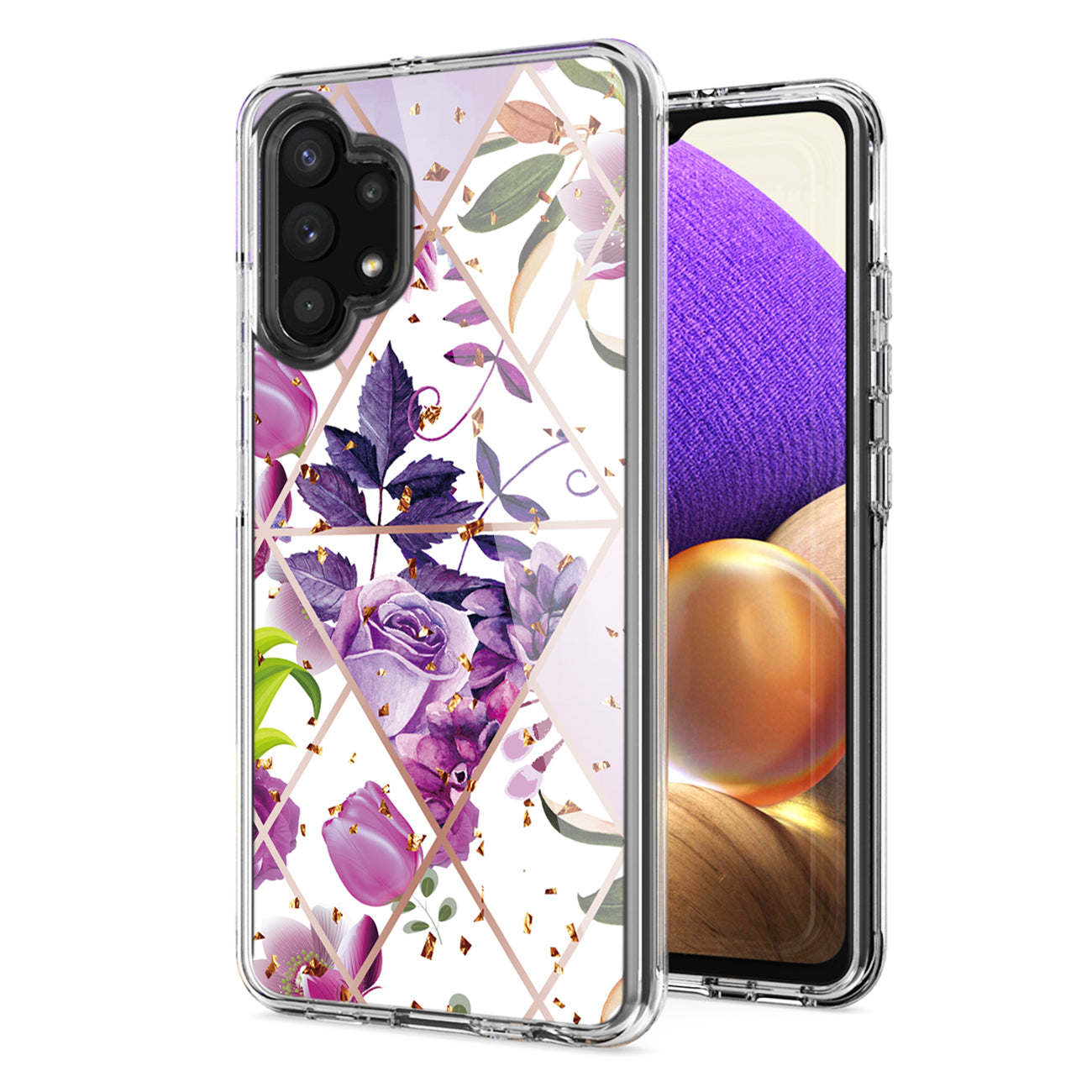 Flower Design Dual Layer Hybrid Hard & Soft TPU Case for SAMS GALAXY A32 5G In Purple Base Flower