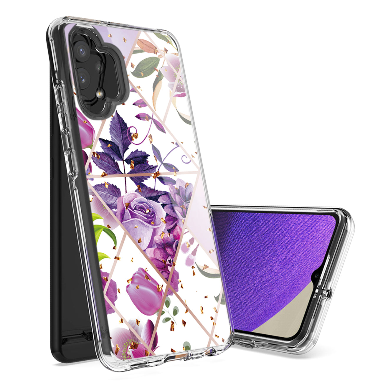 Flower Design Dual Layer Hybrid Hard & Soft TPU Case for SAMS GALAXY A32 5G In Purple Base Flower
