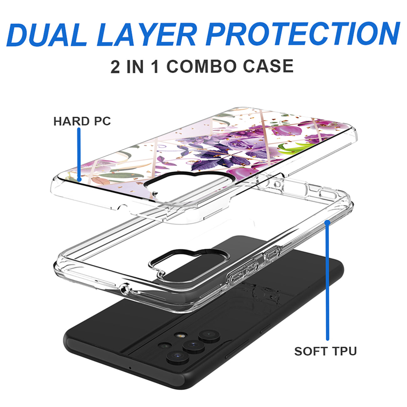 Flower Design Dual Layer Hybrid Hard & Soft TPU Case for SAMS GALAXY A32 5G In Purple Base Flower