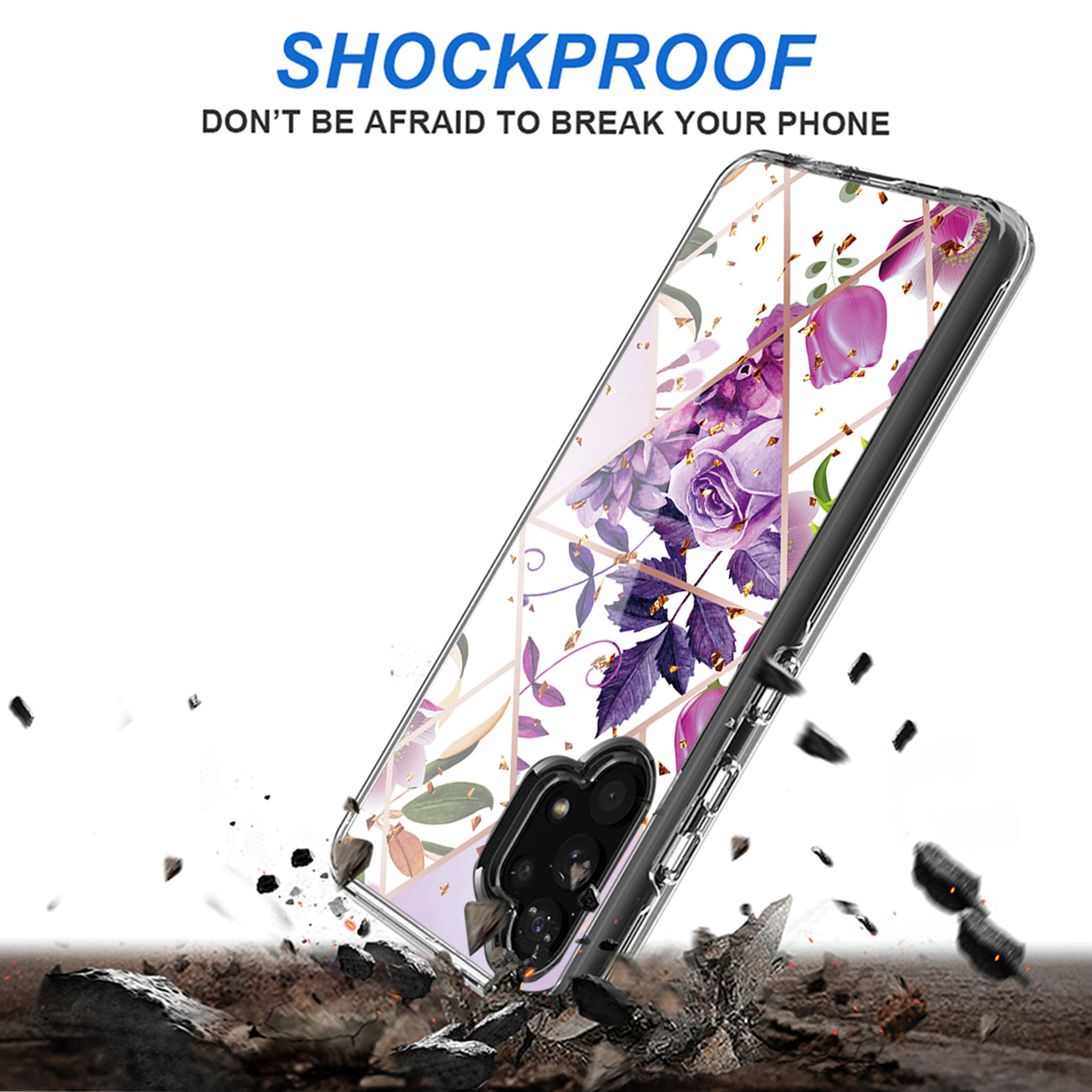 Flower Design Dual Layer Hybrid Hard & Soft TPU Case for SAMS GALAXY A32 5G In Purple Base Flower