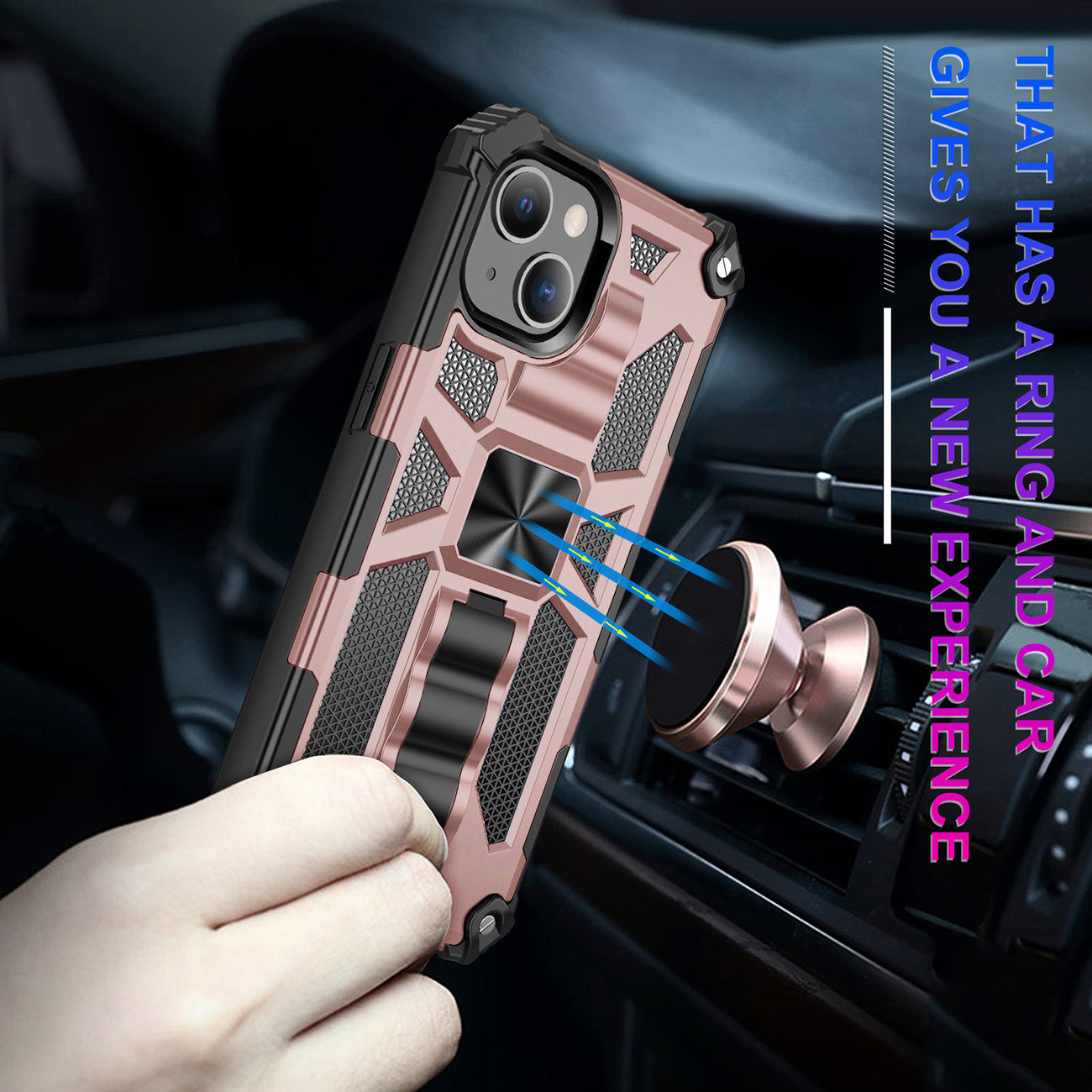 Case TPU With Built-In Kickstand Magnetic Mount Apple iPhone 13 Rose Gold Color