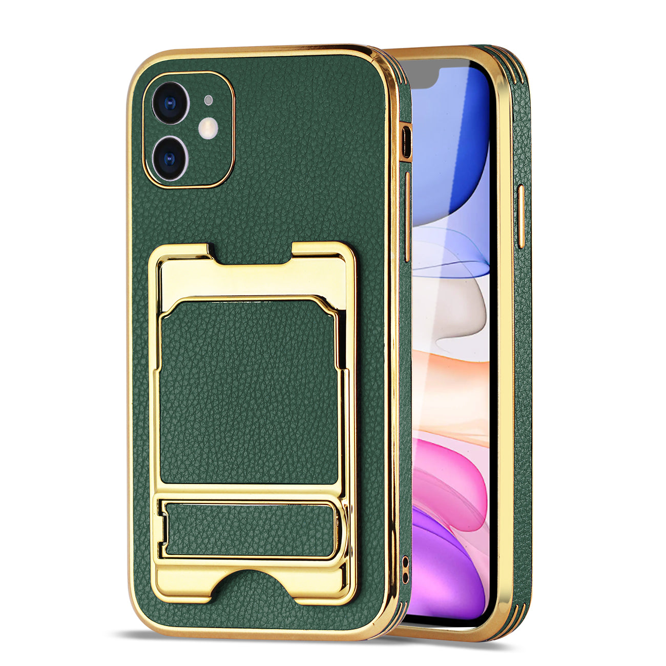 IPHONE 11 Leather Case with Card Holder In Green