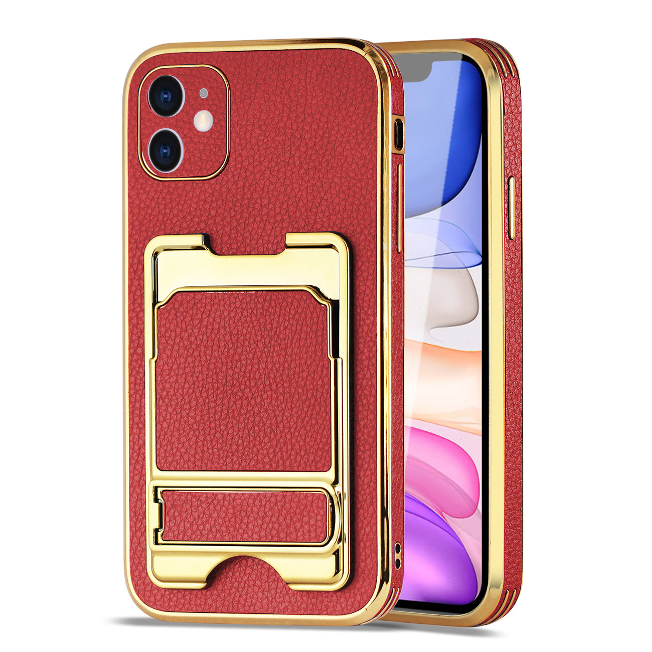 IPHONE 11 Leather Case with Card Holder In Red
