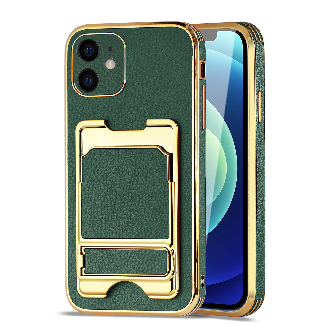 IPHONE 12 Leather Case with Card Holder In Green
